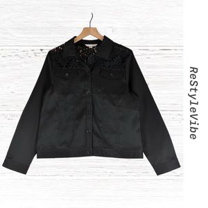 ERIN LONDON Women’s Size M Jacket Coat Trucker Lace Black Stretch Button Front